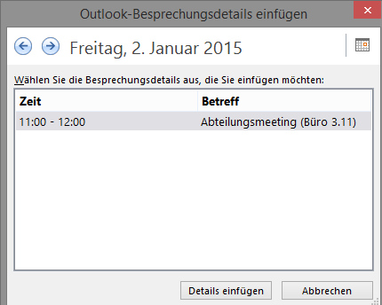 Meeting Details Import Window in OneNote