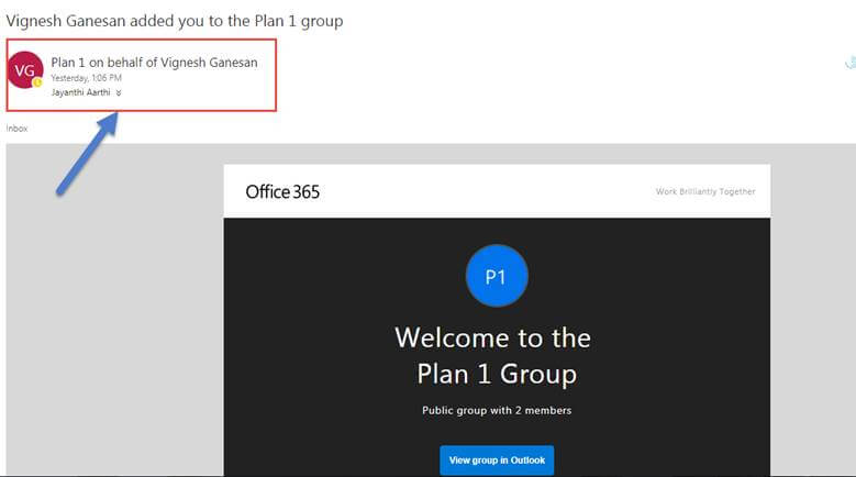 welcome email from the Office 365 group