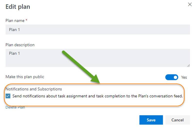 Check the “Send notifications about task assignment and task completion to the Plan's conversation feed”