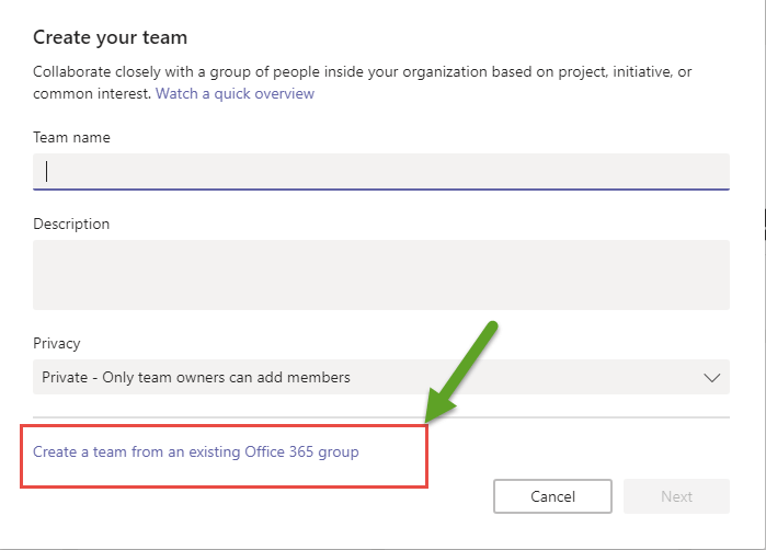 Create a team from an existing Office 365 Group