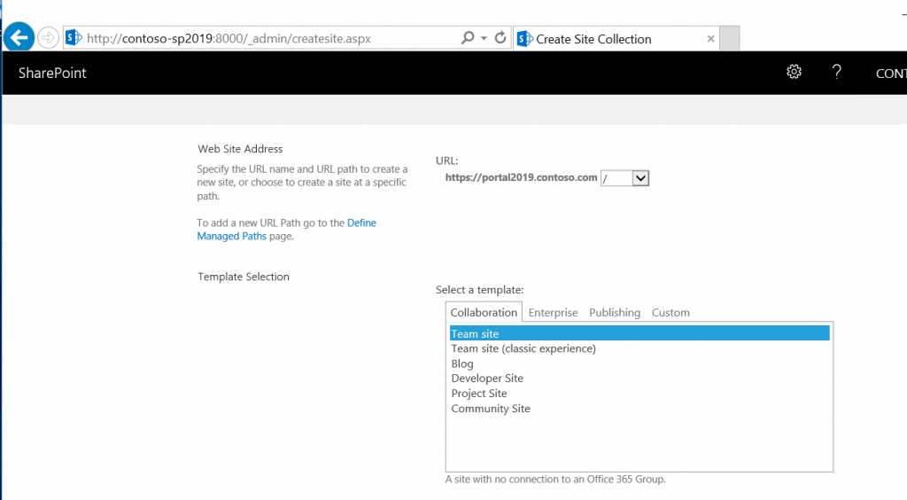 Create new site collection dialog (SharePoint 2019)