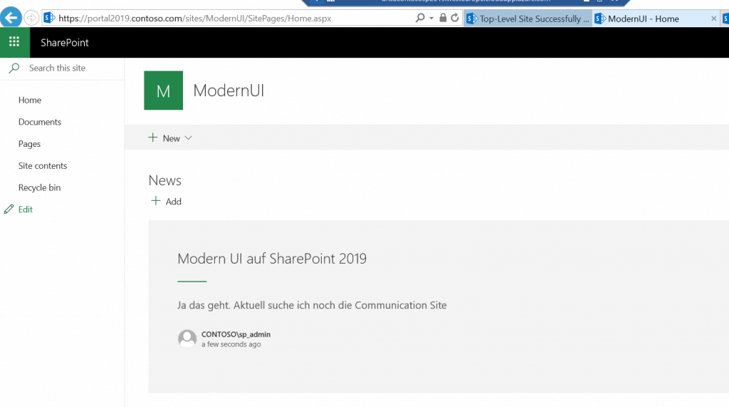 Shows the Modern UI in a Team Site (SharePoint 2019)