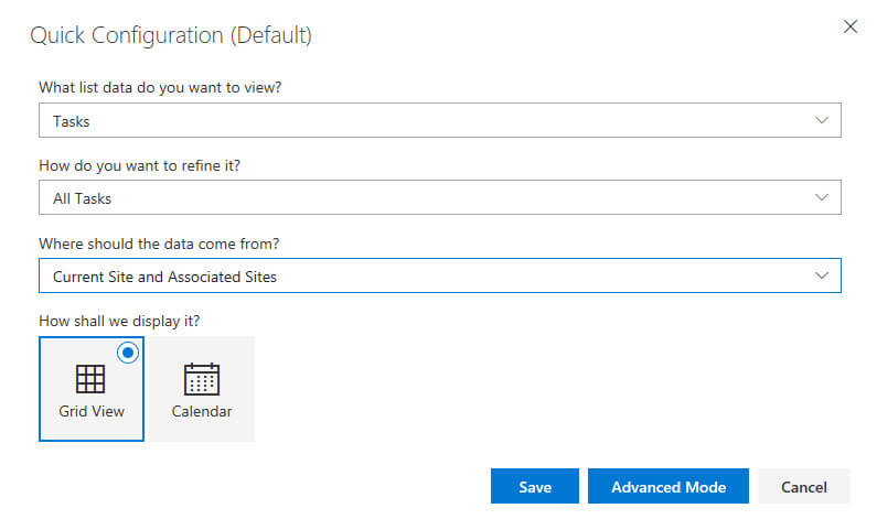 Figure 1 – Three simple questions to configure the SharePoint list rollup from associated sites.