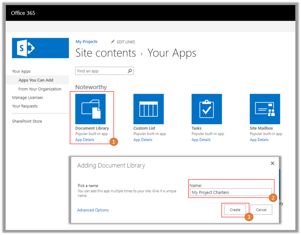 Figure 5: Creating a Document Library – Microsoft SharePoint.