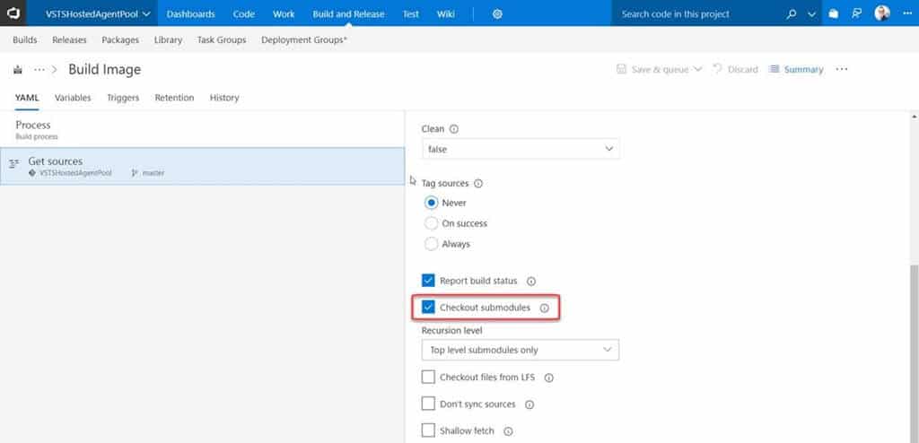 Enable checkout of submodules to make sure that the vsts-image-generation repository is checked out as a submodule