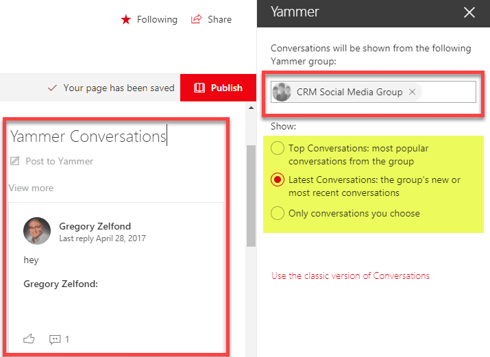 Yammer conversation embedded on a Modern SharePoint Page