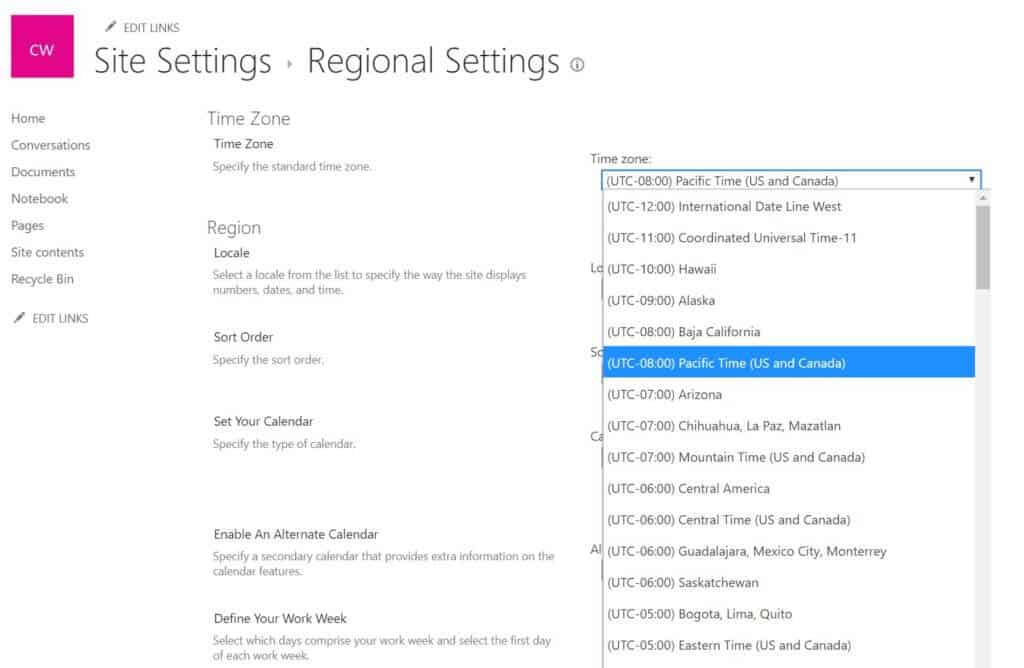 SharePoint Admin default Time Zone