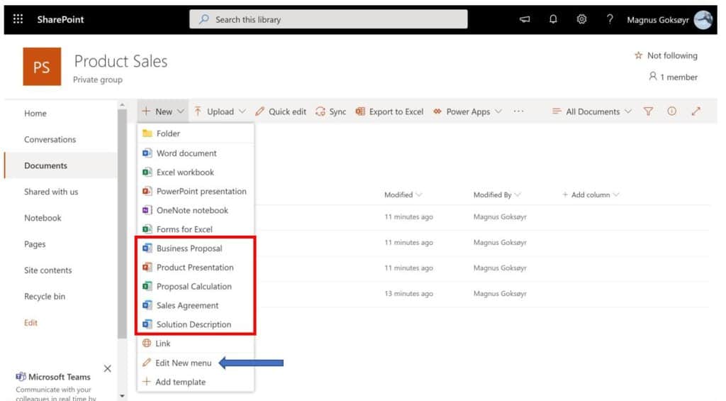 Easy Use of Office Document templates in Microsoft Teams
