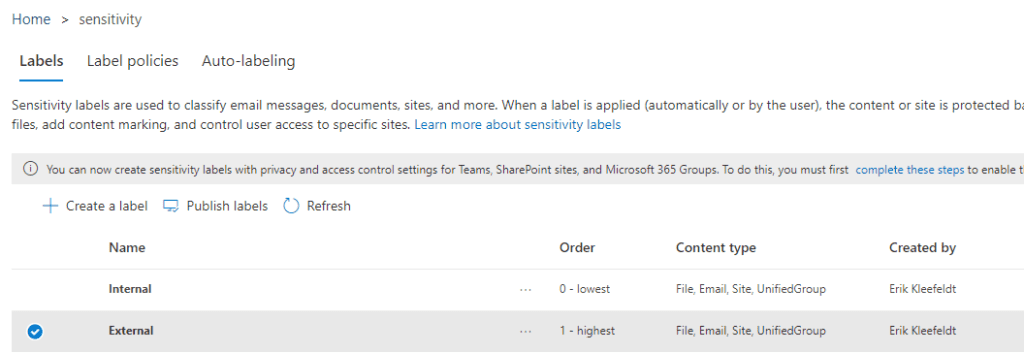 Sensitivity Labels in Teams, SharePoint Sites and Microsoft 365 Groups