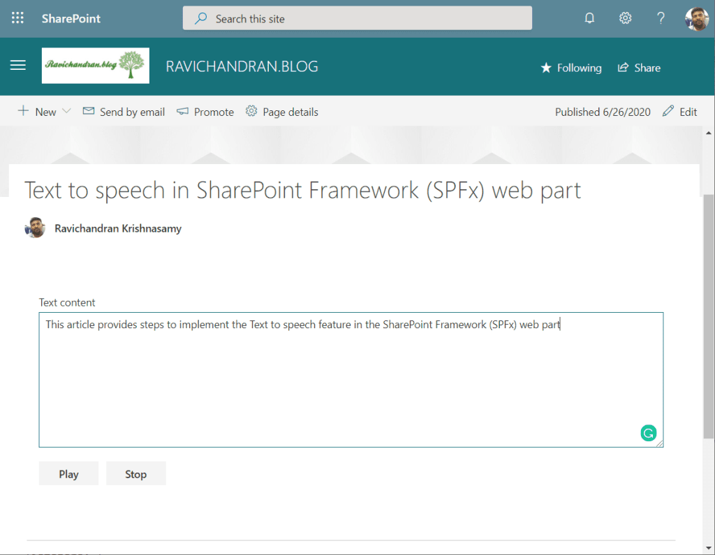 Text to speech in SharePoint Framework (SPFx) web part