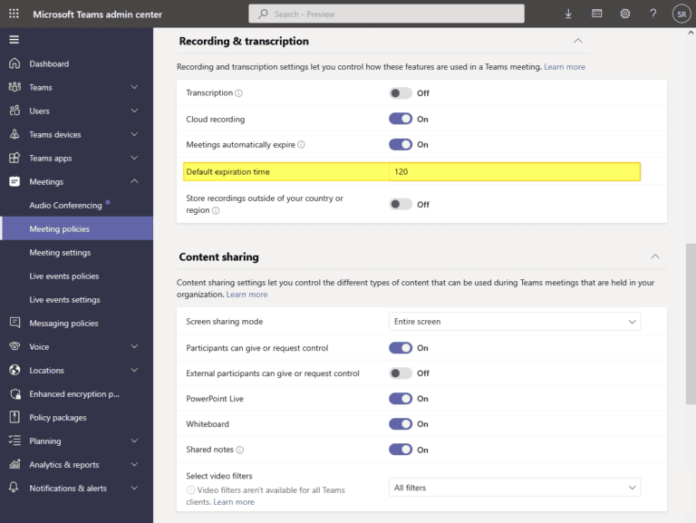 Microsoft Teams Change Meeting Recording Expiration Policy European 