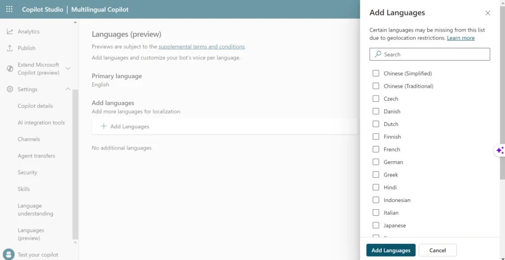 Configuring a multilingual bot (Copilot)