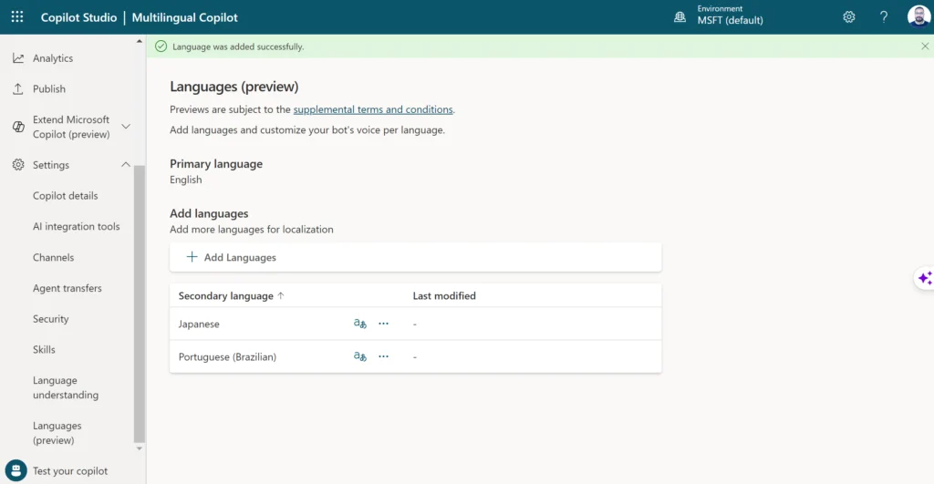 Configuring a multilingual bot (Copilot)