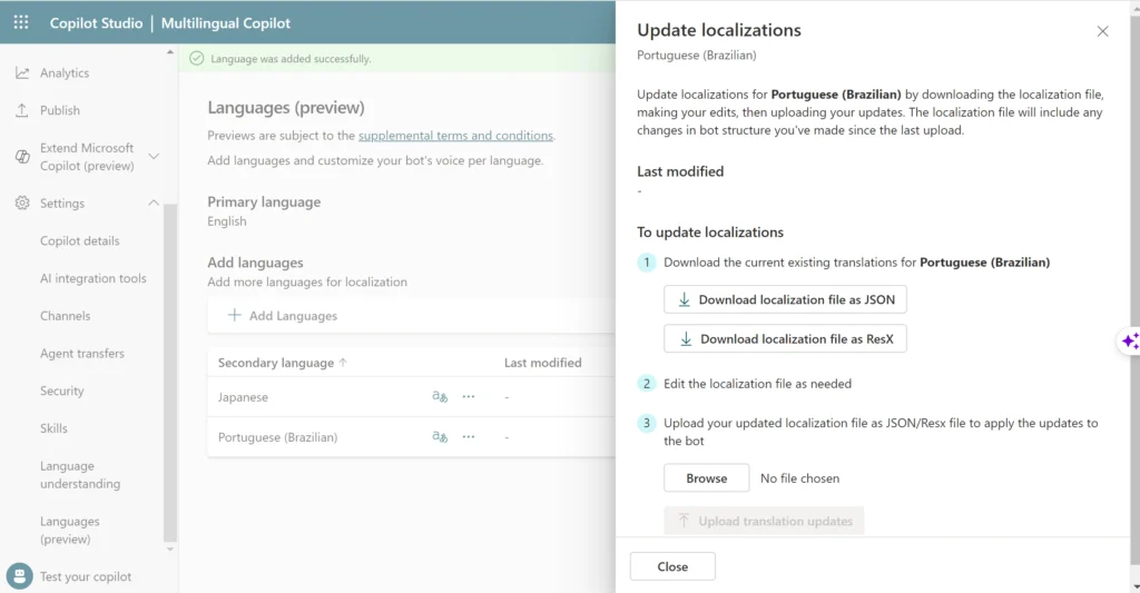 Configuring a multilingual bot (Copilot)