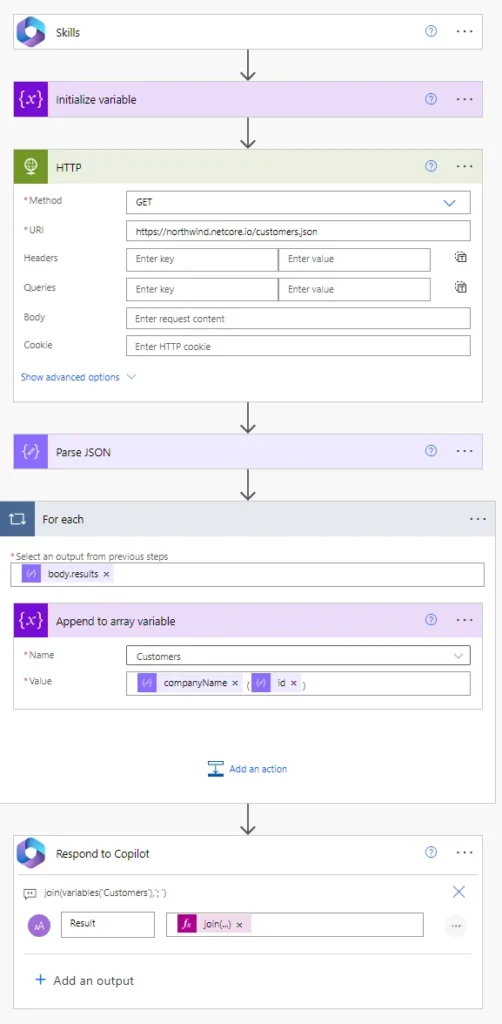 created a workflow to get information about customers (names and Id’s) using the Northwind API.