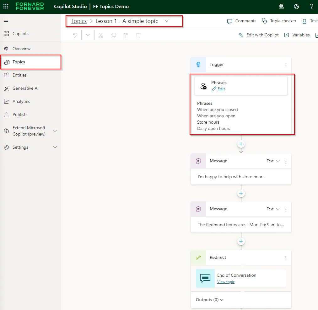 Copilot studio FF Topics Demo - Authoring topics
