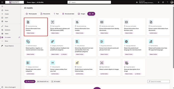 Image of the AI models available in AI Builder with highlighted box over Extract information from invoices