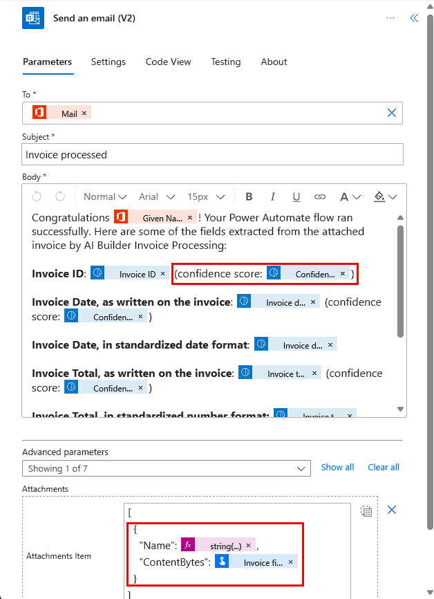 Image of the Send an email step with the confidence score data highlighted. A subsequent highlight is on the code for the attachment including the file name and content bytes.