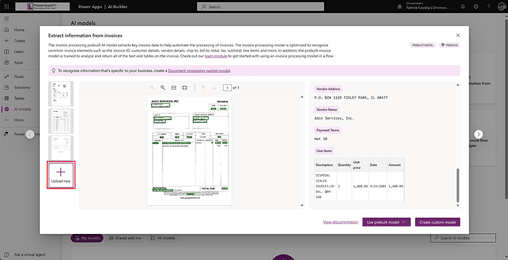 View of the details of Extract information from invoices showing the document with boxes over data fields on the left and actual data collected on the right. The Upload new is highlighted.