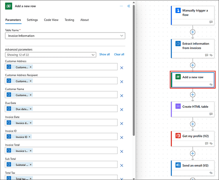 Image of the Add a new row step showing the dynamic content from the Extract information from invoices step being input into the fields of the Dataverse table.