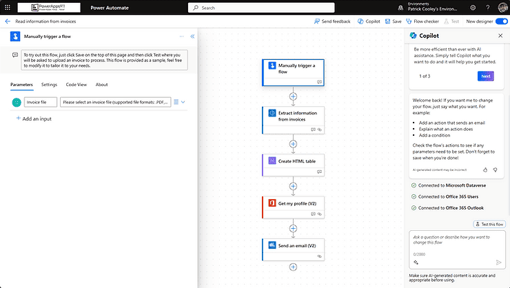 Image of the new flow with a manual trigger and four additional steps including the Extract Information from invoice from AI Builder