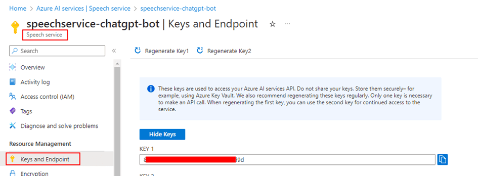 keys and endpoint within resource management