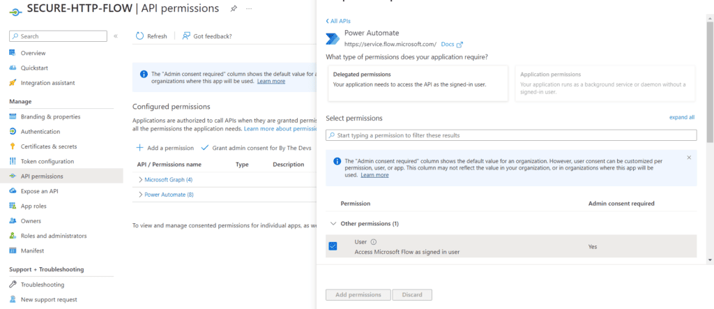 API permissions power automate