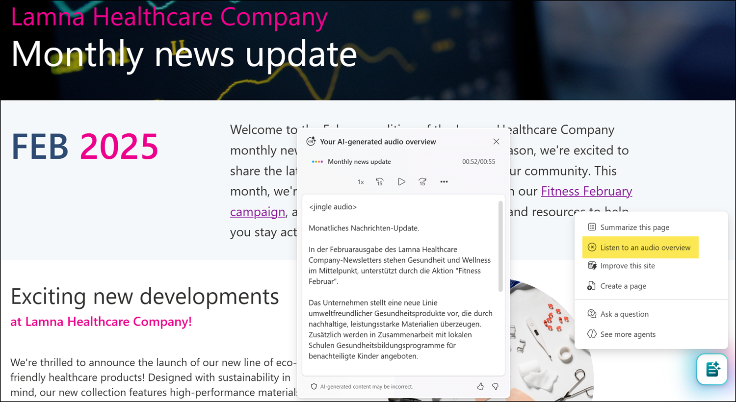 Updates to AI-generated Audio Briefings in Viva Connections and SharePoint